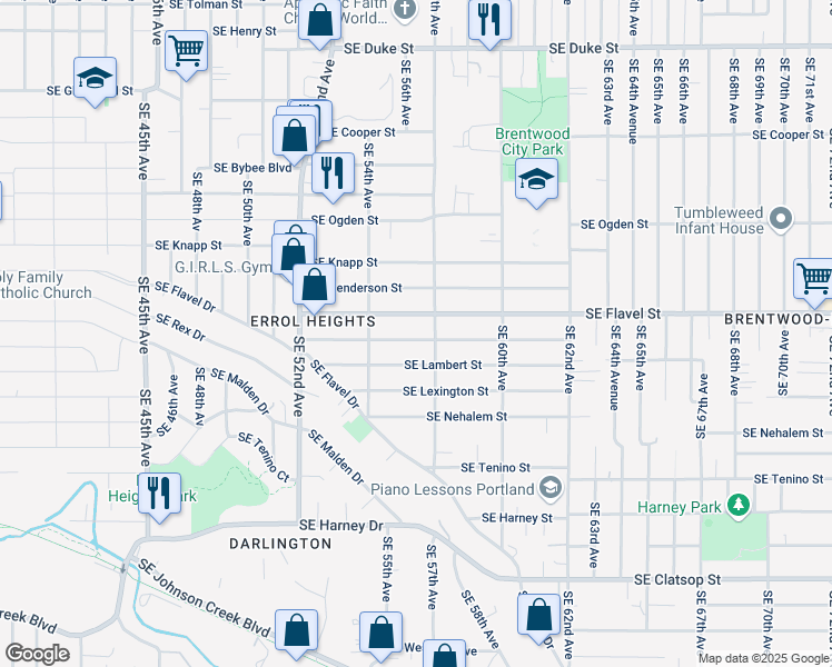 map of restaurants, bars, coffee shops, grocery stores, and more near 5605 Southeast Malden Street in Portland
