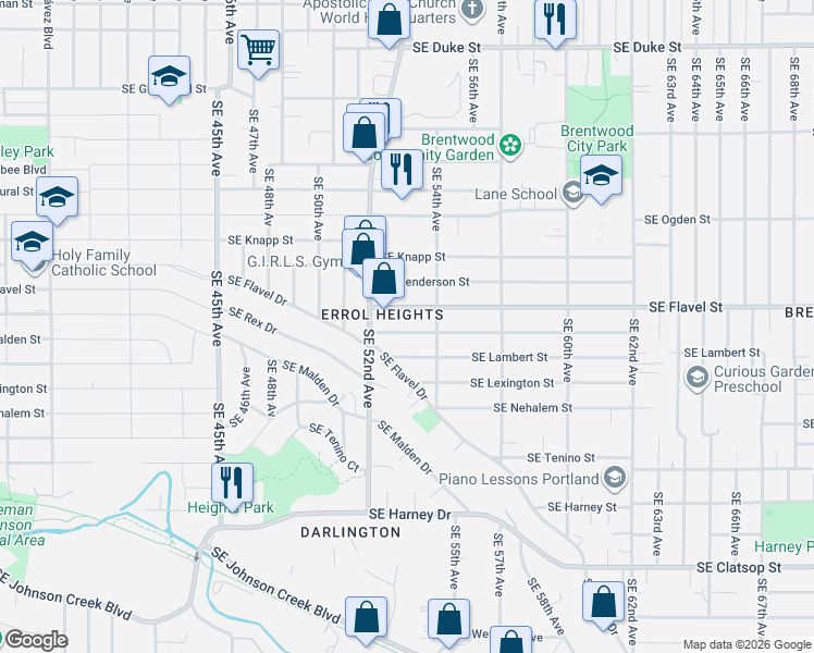 map of restaurants, bars, coffee shops, grocery stores, and more near 5303 Southeast Malden Street in Portland