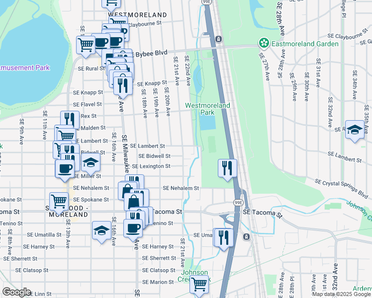 map of restaurants, bars, coffee shops, grocery stores, and more near 2106 Southeast Lambert Street in Portland