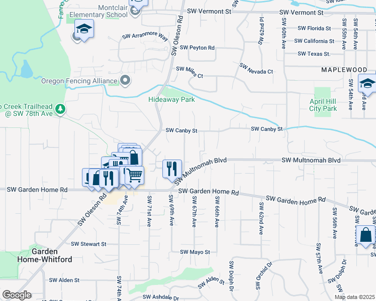 map of restaurants, bars, coffee shops, grocery stores, and more near 7200 Southwest 68th Avenue in Portland