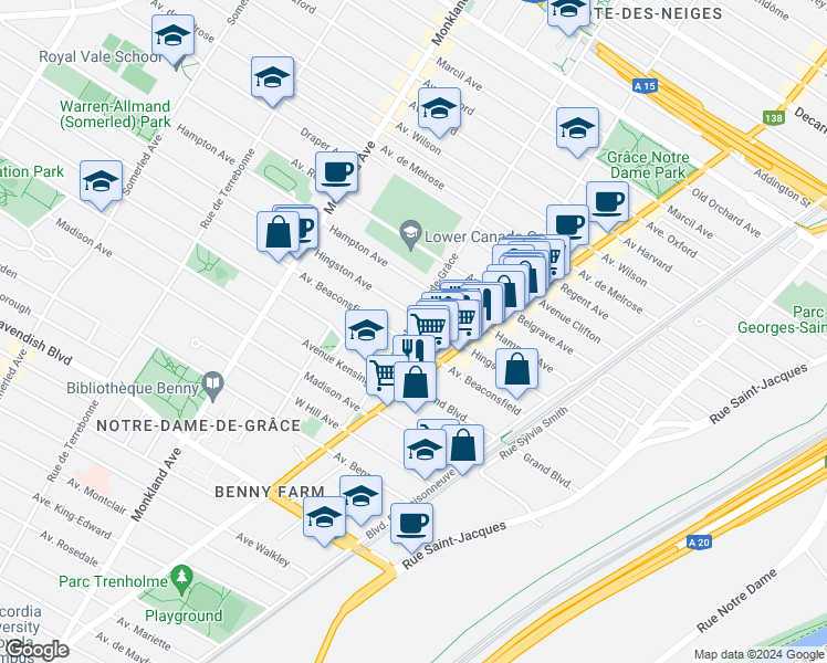 map of restaurants, bars, coffee shops, grocery stores, and more near 6120 Avenue Notre-Dame-de-Grâce in Montréal