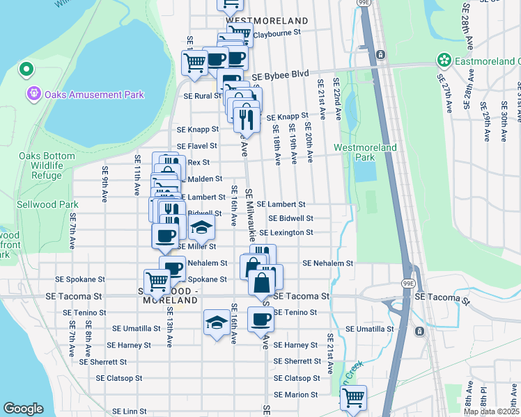 map of restaurants, bars, coffee shops, grocery stores, and more near 1666 Southeast Lambert Street in Portland