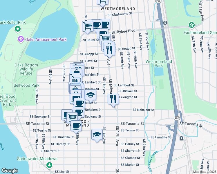 map of restaurants, bars, coffee shops, grocery stores, and more near 7834 Southeast 16th Avenue in Portland