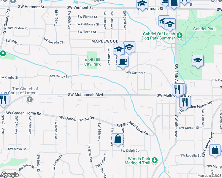 map of restaurants, bars, coffee shops, grocery stores, and more near 5325 Southwest Multnomah Boulevard in Portland