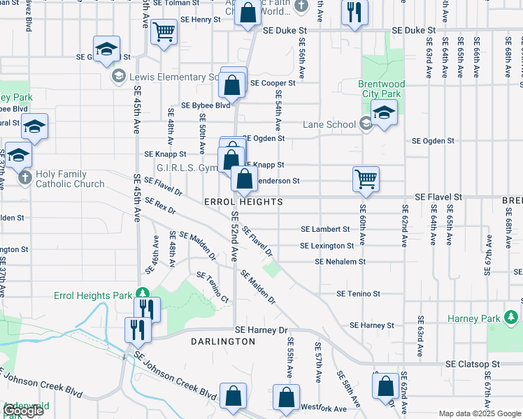 map of restaurants, bars, coffee shops, grocery stores, and more near 5309 Southeast Malden Street in Portland