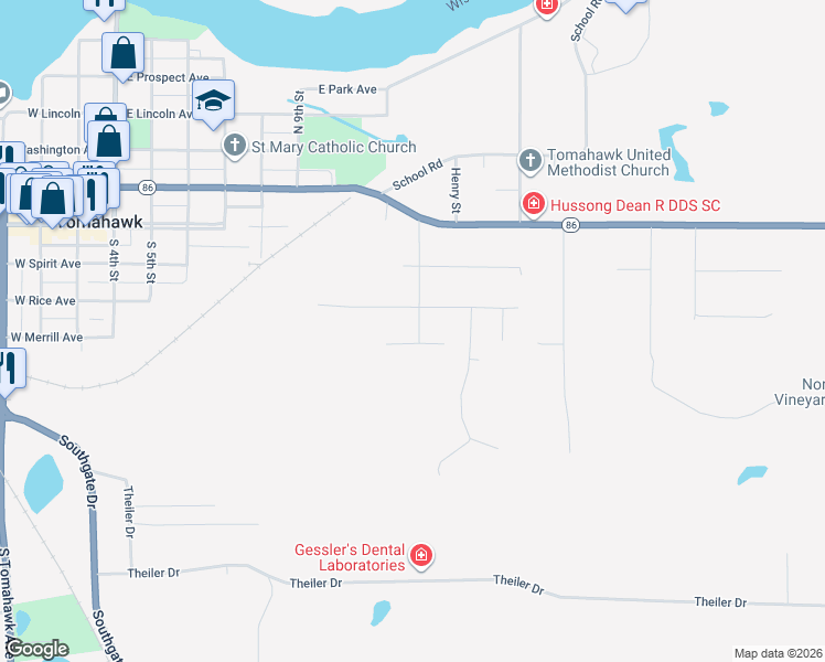map of restaurants, bars, coffee shops, grocery stores, and more near 218 Charlotte Street in Tomahawk