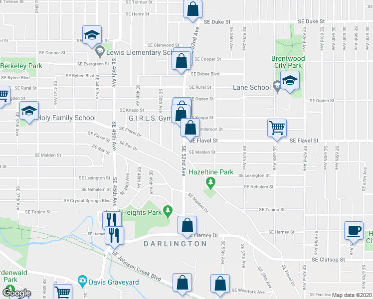 map of restaurants, bars, coffee shops, grocery stores, and more near 7524 Southeast 52nd Avenue in Portland