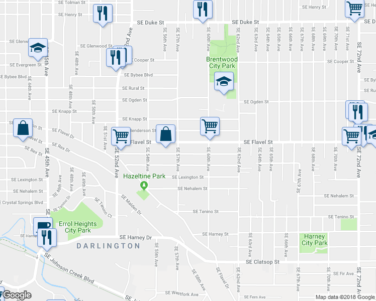 map of restaurants, bars, coffee shops, grocery stores, and more near 5737 Southeast Malden Street in Portland