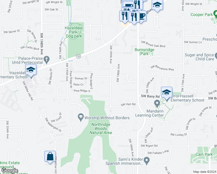 map of restaurants, bars, coffee shops, grocery stores, and more near 7155 Southwest 189th Avenue in Beaverton