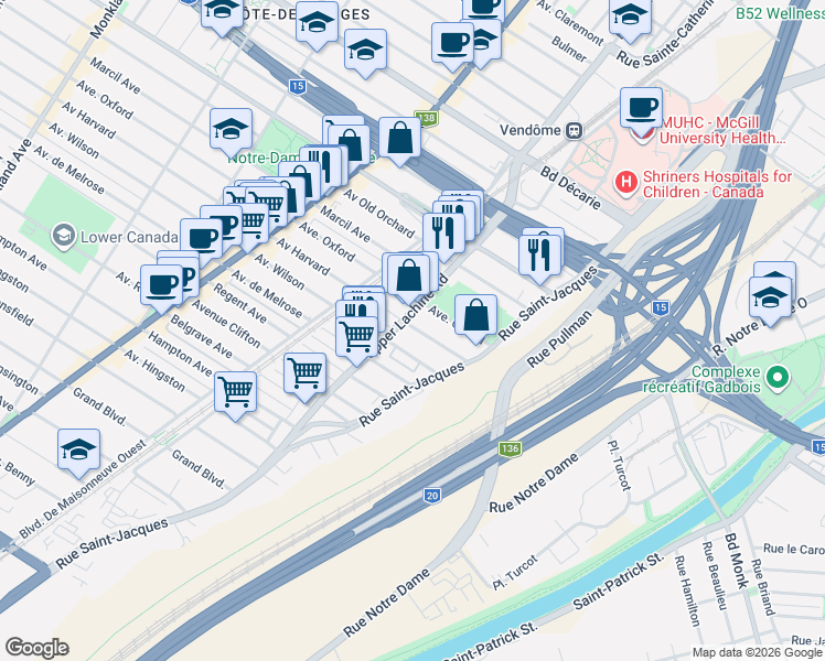 map of restaurants, bars, coffee shops, grocery stores, and more near 1056 Avenue Harvard in Montréal