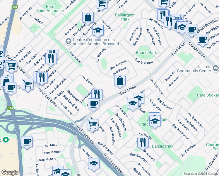 map of restaurants, bars, coffee shops, grocery stores, and more near 6300 Place Bonaventure in Brossard