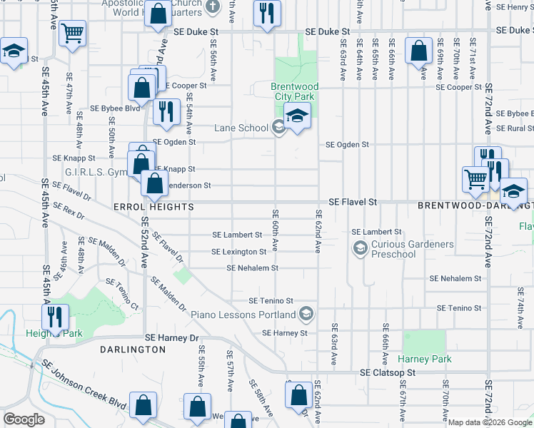 map of restaurants, bars, coffee shops, grocery stores, and more near 5921 Southeast Malden Street in Portland