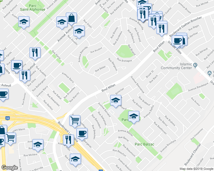 map of restaurants, bars, coffee shops, grocery stores, and more near 6375 Avenue Bienville in Brossard
