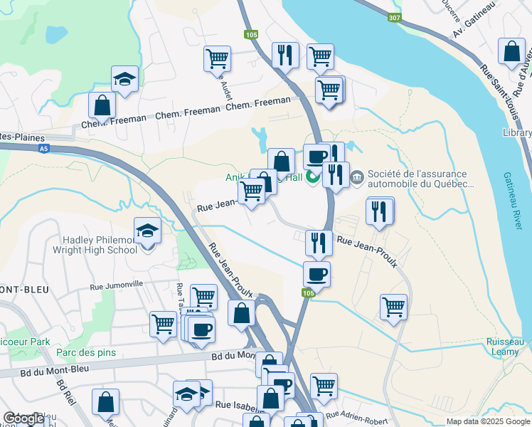 map of restaurants, bars, coffee shops, grocery stores, and more near 79-A Rue Jean-Proulx in Gatineau