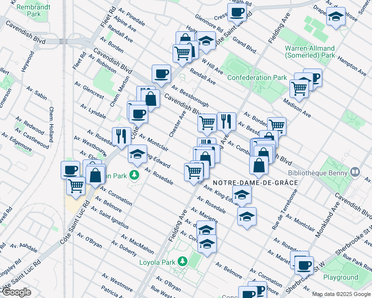 map of restaurants, bars, coffee shops, grocery stores, and more near 5210 Avenue Walkley in Montréal