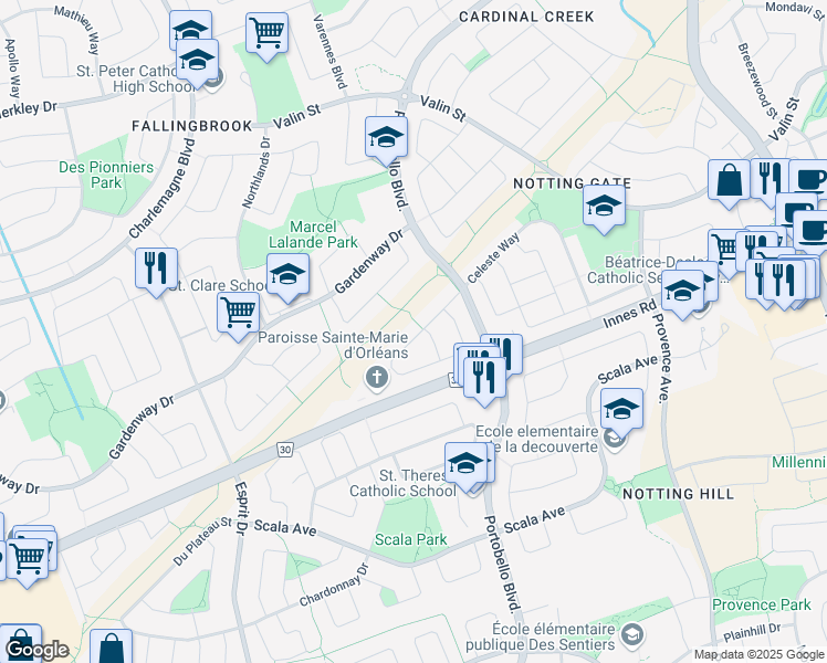 map of restaurants, bars, coffee shops, grocery stores, and more near 887 Nesting Way in Ottawa