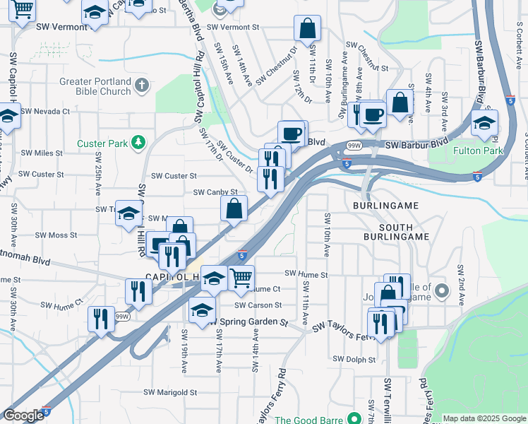 map of restaurants, bars, coffee shops, grocery stores, and more near 1330 Southwest Troy Street in Portland