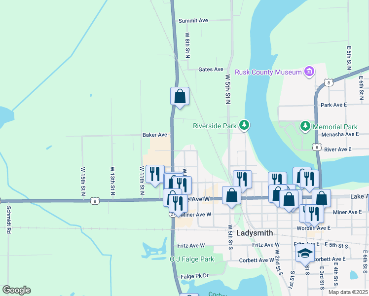 map of restaurants, bars, coffee shops, grocery stores, and more near 719 Cleveland Avenue in Ladysmith