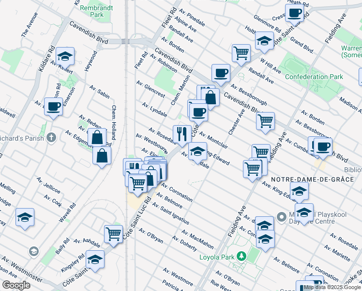 map of restaurants, bars, coffee shops, grocery stores, and more near Rosedale Avenue in Côte Saint-Luc