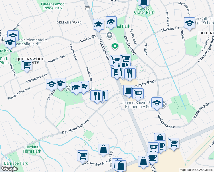 map of restaurants, bars, coffee shops, grocery stores, and more near Duvernay Drive in Ottawa