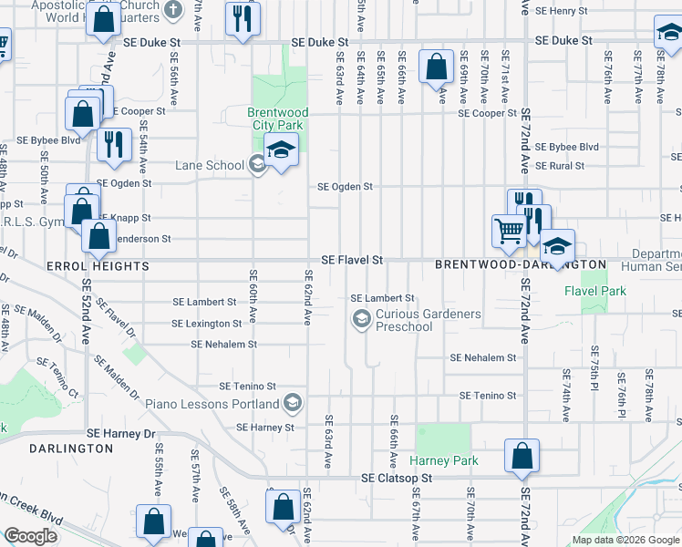map of restaurants, bars, coffee shops, grocery stores, and more near 7605 Southeast 64th Avenue in Portland