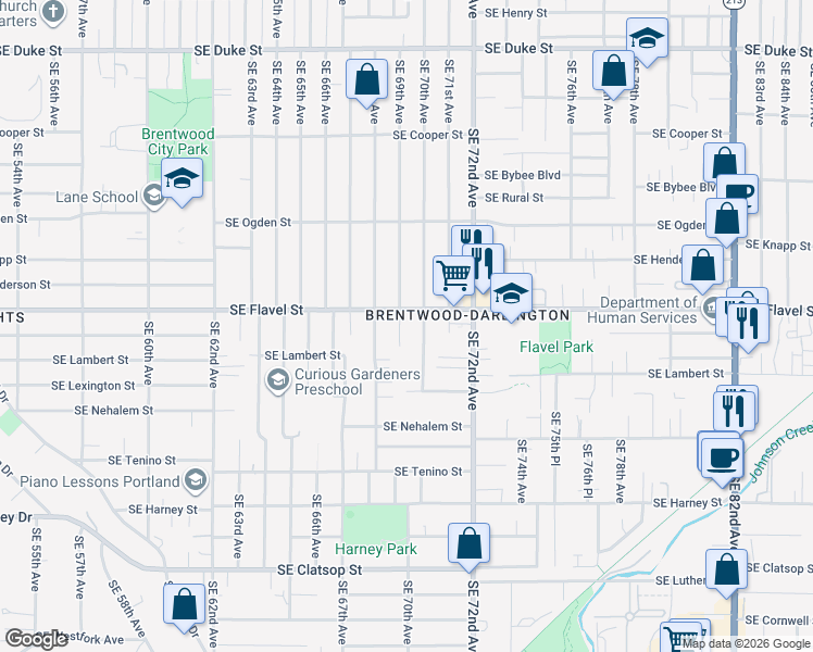map of restaurants, bars, coffee shops, grocery stores, and more near 7620 Southeast 69th Avenue in Portland