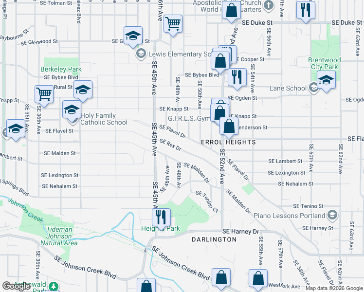map of restaurants, bars, coffee shops, grocery stores, and more near 4839 Southeast Rex Drive in Portland