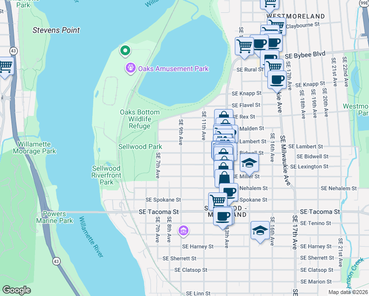 map of restaurants, bars, coffee shops, grocery stores, and more near 925 Southeast Bidwell Street in Portland