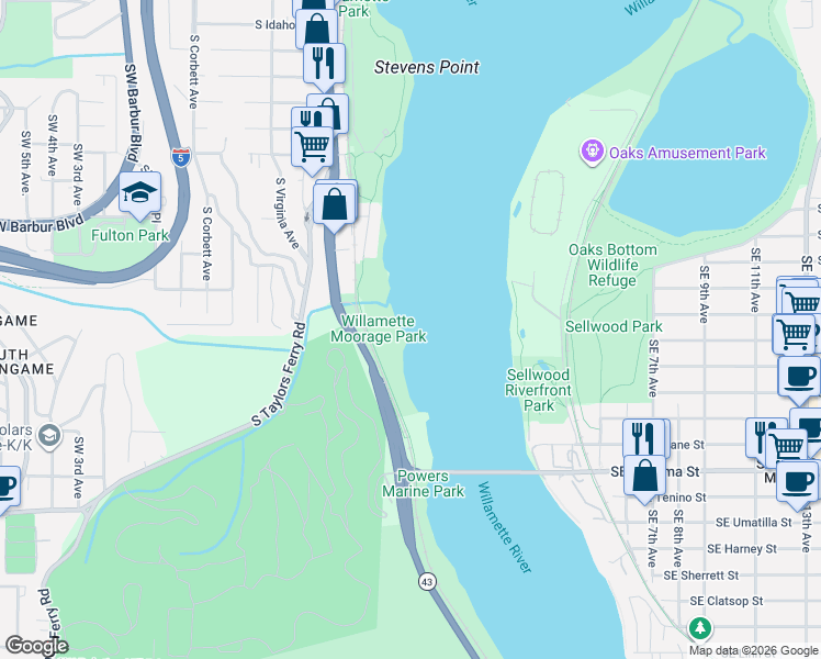 map of restaurants, bars, coffee shops, grocery stores, and more near 7720 Southwest Macadam Avenue in Portland