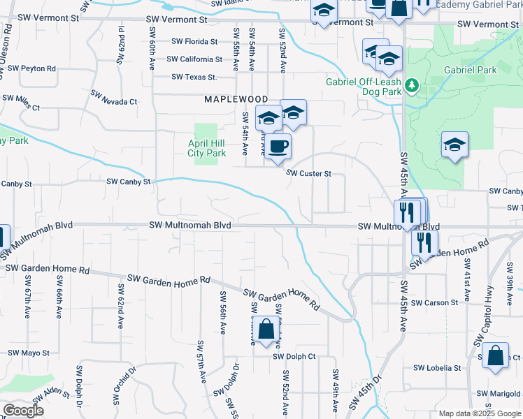 map of restaurants, bars, coffee shops, grocery stores, and more near 5307 Southwest Multnomah Boulevard in Portland