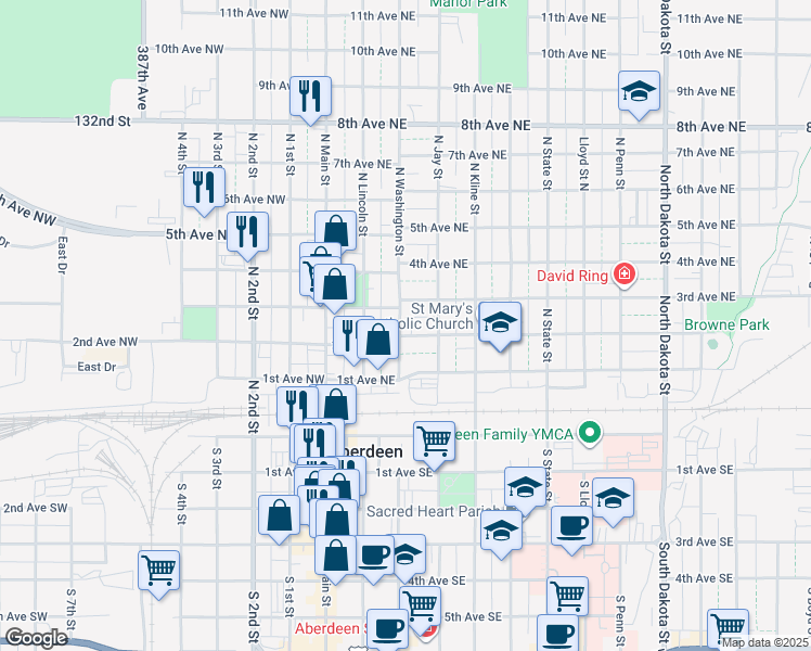 map of restaurants, bars, coffee shops, grocery stores, and more near 117 2nd Avenue Northwest in Aberdeen