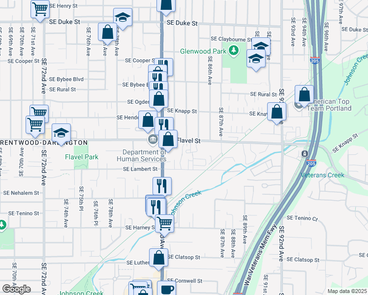 map of restaurants, bars, coffee shops, grocery stores, and more near 8324 Southeast Flavel Street in Portland