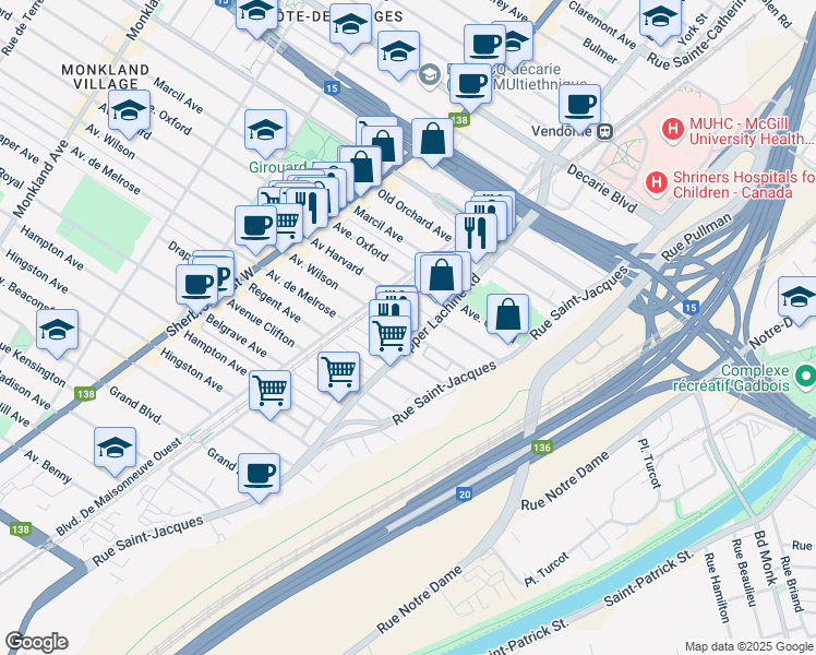 map of restaurants, bars, coffee shops, grocery stores, and more near 2021 Avenue Wilson in Montreal