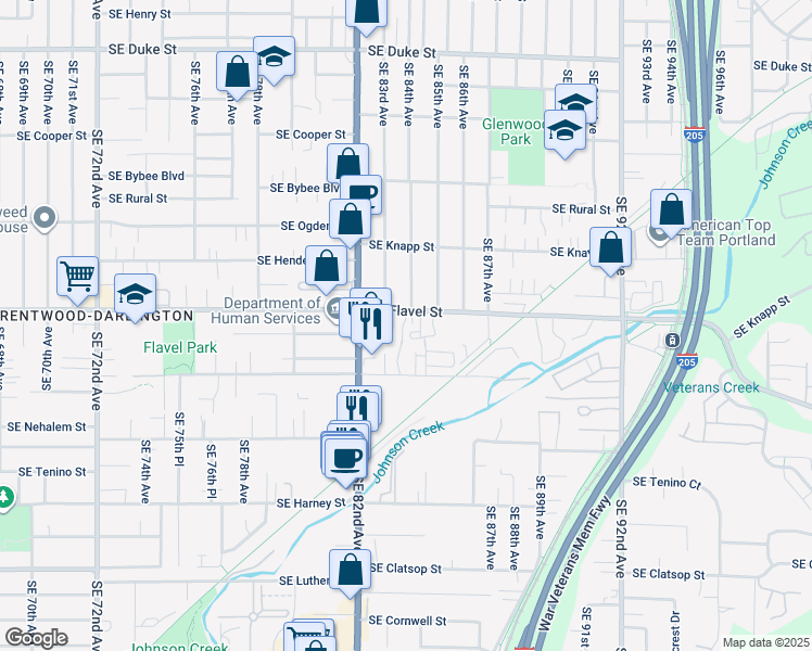 map of restaurants, bars, coffee shops, grocery stores, and more near 8324 Southeast Flavel Street in Portland