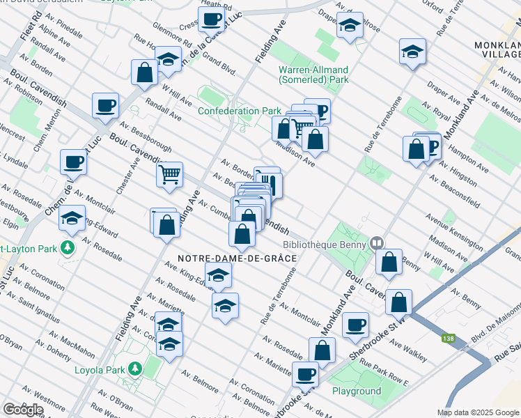 map of restaurants, bars, coffee shops, grocery stores, and more near 6493 Avenue Somerled in Montréal