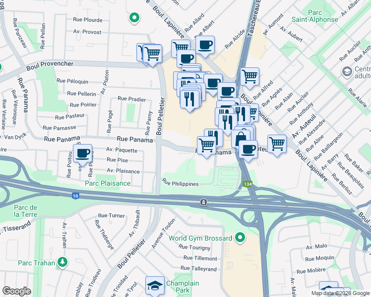 map of restaurants, bars, coffee shops, grocery stores, and more near 1550 Rue Panama in Brossard