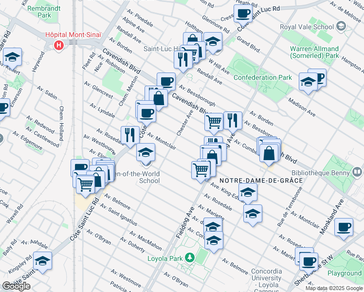 map of restaurants, bars, coffee shops, grocery stores, and more near 5275 Avenue Montclair in Montréal