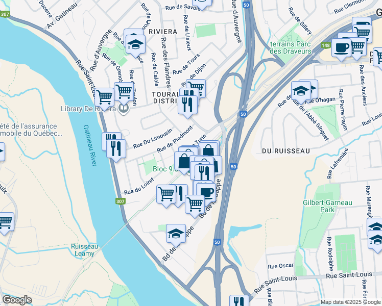 map of restaurants, bars, coffee shops, grocery stores, and more near 58 Rue de Turin in Gatineau
