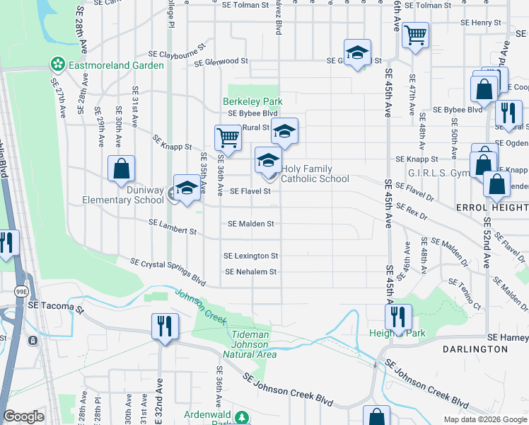map of restaurants, bars, coffee shops, grocery stores, and more near 3734 Southeast Rex Street in Portland