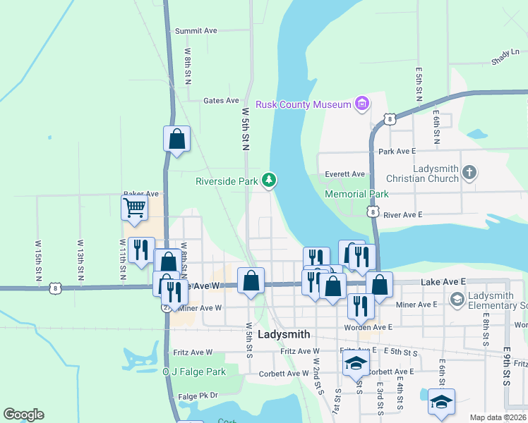 map of restaurants, bars, coffee shops, grocery stores, and more near 500 West 4th Street North in Ladysmith