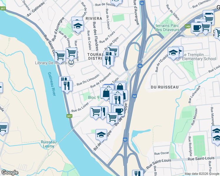 map of restaurants, bars, coffee shops, grocery stores, and more near 58 Rue de Turin in Gatineau