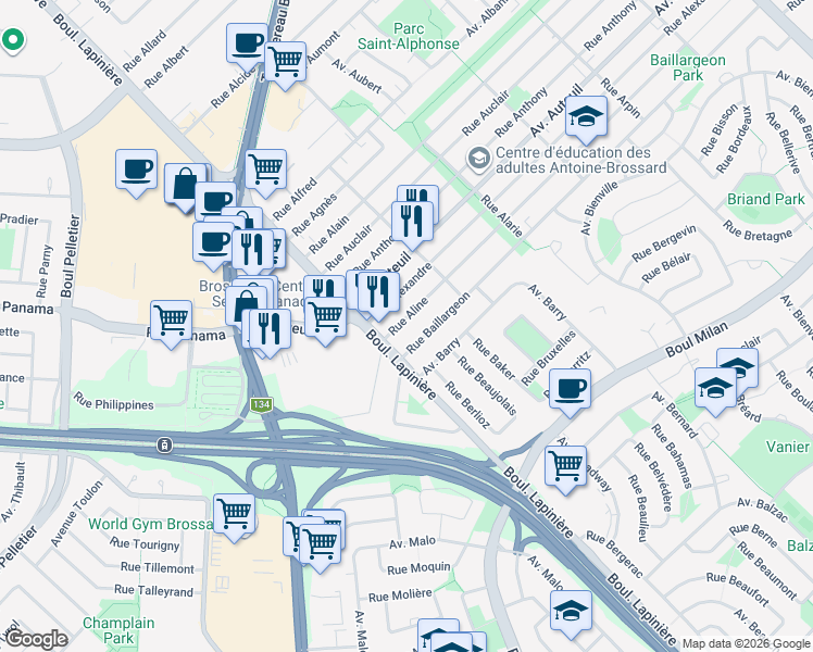map of restaurants, bars, coffee shops, grocery stores, and more near 6064 Rue Aline in Brossard
