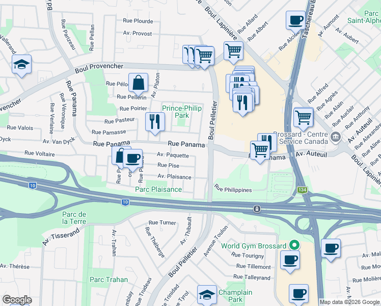 map of restaurants, bars, coffee shops, grocery stores, and more near 1490 Avenue Paquette in Brossard