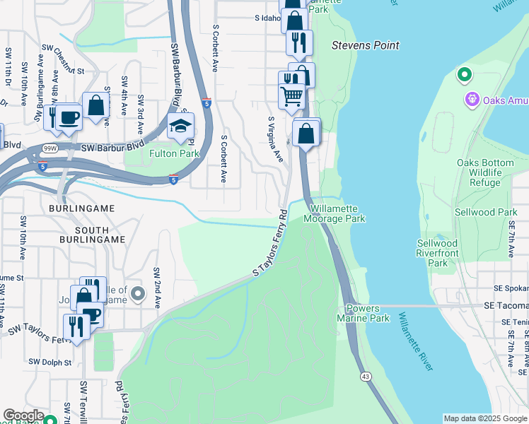 map of restaurants, bars, coffee shops, grocery stores, and more near 7705 South Fulton Park Place in Portland