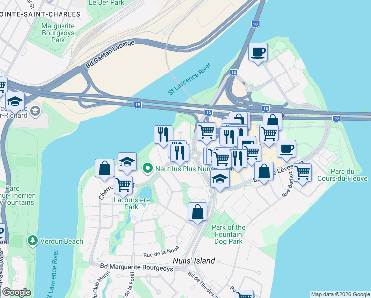 map of restaurants, bars, coffee shops, grocery stores, and more near 230 Chemin du Golf in Montréal