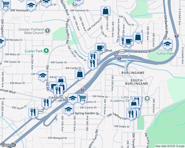 map of restaurants, bars, coffee shops, grocery stores, and more near 1330 Southwest Troy Street in Portland