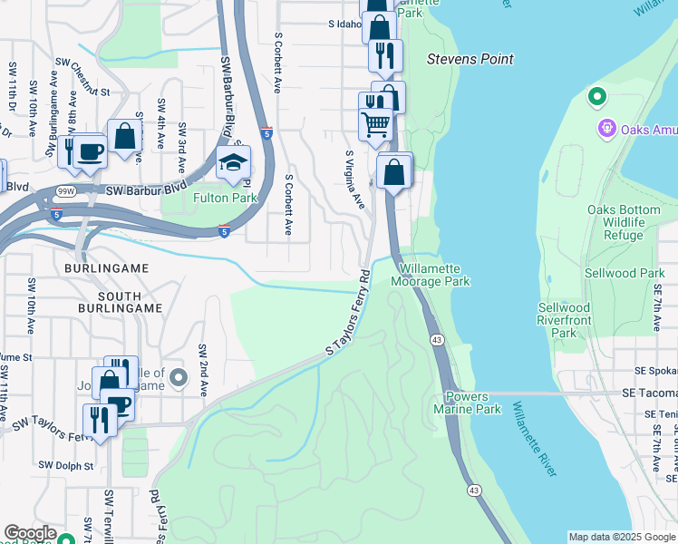 map of restaurants, bars, coffee shops, grocery stores, and more near 7705 South Fulton Park Place in Portland