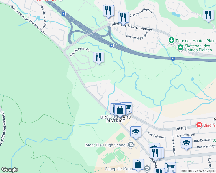 map of restaurants, bars, coffee shops, grocery stores, and more near 24 Rue de l'Escalade in Gatineau