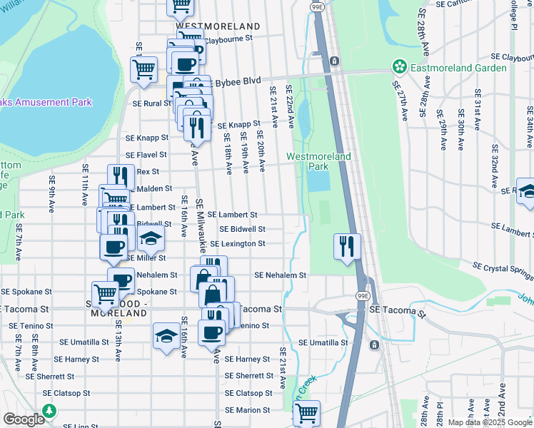 map of restaurants, bars, coffee shops, grocery stores, and more near 12082 Southeast 20th Avenue in Portland