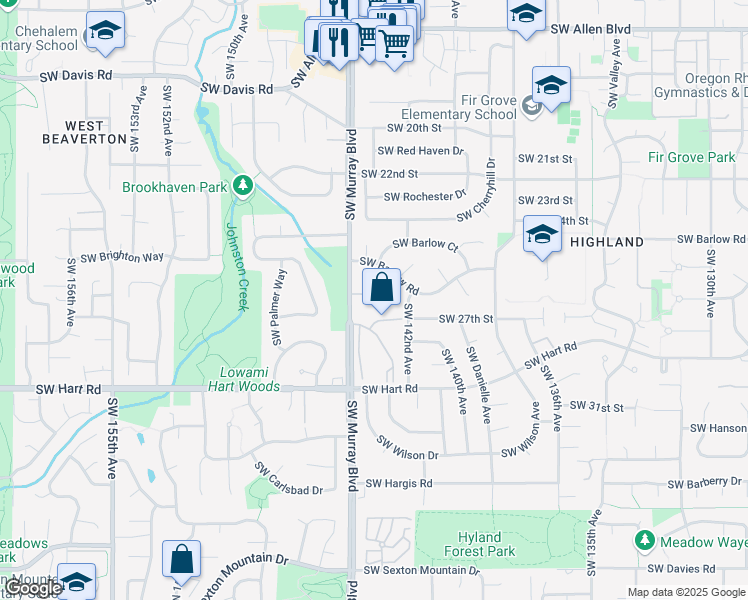 map of restaurants, bars, coffee shops, grocery stores, and more near 7150 Southwest Murray Boulevard in Beaverton